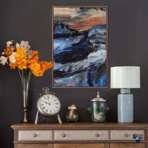 “Deep Blue” by Vian Borchert shows streaks of blue, white, and orange.