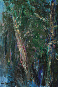 “Green Woods” by Vian Borchert shows textured green trees with long, brown trunks.