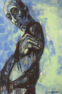 “Man” by Vian Borchert shows a blue man standing sideways while wrapping his arms around his chest.
