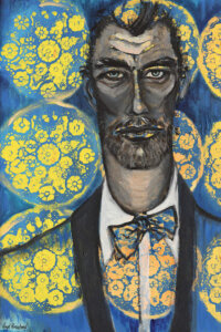 “The Matador” by Vian Borchert shows a gray man wearing a blue suit and bowtie with a yellow pattern on them and a matching background.