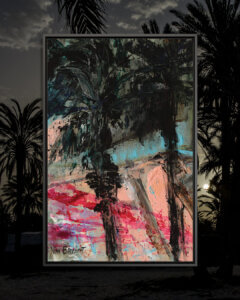 “Twilight Palm Trees” by Vian Borchert shows black palm trees against a pink and red background.