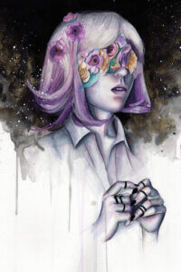“Blinded II” by Victoria Olt shows a woman with purple hair and purple, pink, and yellow flowers covering her eyes with a starry sky in the background.