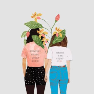 Rear view of two women holding hands with flowers blooming between them wearing t-shirts promoting peace, love and justice