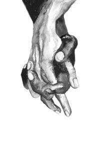 Illustration of a black and white person's hands held together