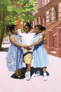 Three black grade school-aged girls wearing dresses smiling and holding hands on a sidewalk