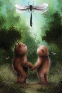 Two furry creatures holding hands in a forest looking up at a giant dragonfly above them