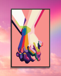 An image of two colorful hands held together against a pink background