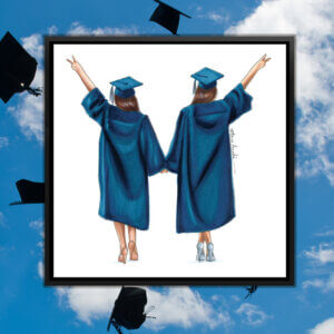 Illustration of two girls wearing graduation caps and gowns holding hands and making peace signs