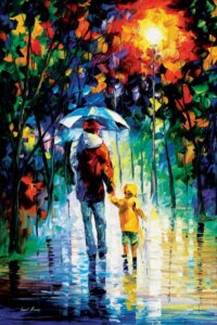 A man wearing a red jacket holding an umbrella holding hands with a young child wearing a yellow raincoat walking on a rainy street under trees