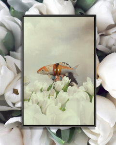 Far Away by Deandra Lee shows a woman in a field of white tulips with a fish covering her eyes