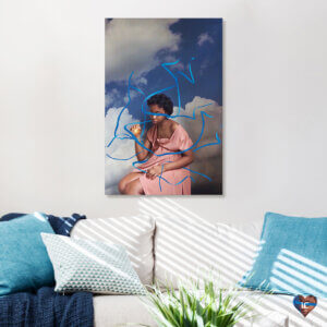 Euphoria by Deandra Lee shows a woman wearing a pink dress with blue ribbons floating around her