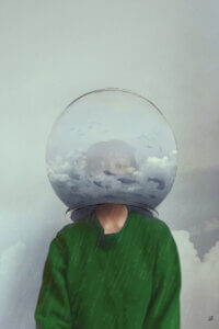 Forever Rain by Deandra Lee showcases a woman wearing a green sweater with a clouded fishbowl over her head
