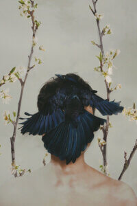 Hiding Ourselves by Deandra Lee shows a woman with a black crow covering her face and white flower branches in the background