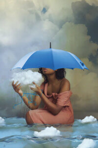 Right Or Wrong by Deandra Lee showcases a woman wearing a pink dress with a blue umbrella over her head while holding a cloud and sitting in water