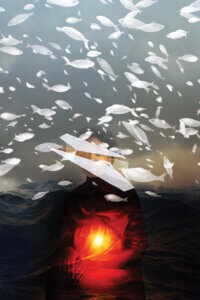 Untitled II by Deandra Lee shows a woman with a red light shining on her body and white fish floating above her with mountains in the background