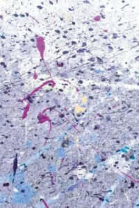 Abstract I by Dan Hobday showcases splatters of paint in purple, light blue, yellow, white, and light gray