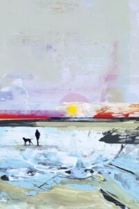 Beach Walk by Dan Hobday showcases an abstract landscape in purple, light blue, red, black, gray, and light green resembling a beach shore with a man and dog walking on it
