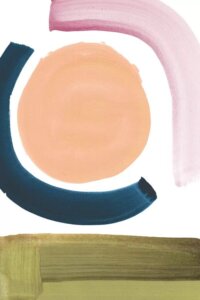 Carbon by Dan Hobday showcases a minimalist abstract image with two curved brush strokes in dark blue and pink, a circle in beige, and the bottom covered in olive green, against a white background