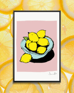 Lemons by Dan Hobday showcases a minimalist line illustration of seven lemons sitting in a blue bowl against a pink background