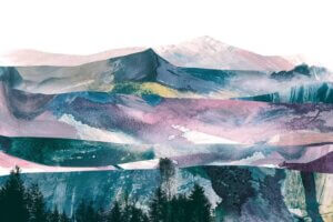 Pink Range by Dan Hobday showcases an abstract mountain landscape with silhouetted trees at the bottom, and mountain peaks in dark blue, purple, and light pink against a white background
