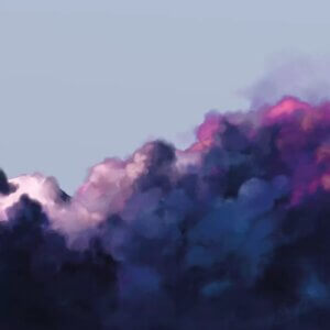 Skies by Dan Hobday showcases a photograph of dark blue, purple and pink clouds gathering in a dark blue sky