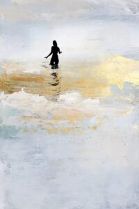 Sun Dip by Dan Hobday showcases an abstract image in gray, light blue, with a streak of gilded gold resembling a surface of water with the silhouette of a woman standing in it