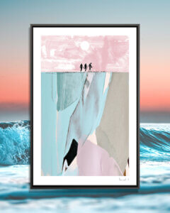 Surfers by Dan Hobday showcases an abstract image in light blue, light pink, black, and gray, with a black line resembling a ground surface with silhouettes of three surfers walking across it