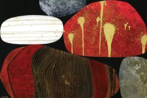 Bloodstone by Jane Monteith shows five rocks with various textures and colors such as red, white, gray, black and gold