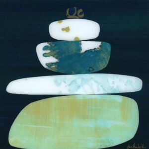 Calm II by Jane Monteith shows five rocks stacked on top of each other with various textures and colors such as white, navy blue, teal, gold, and light green