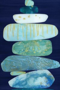 Stone Blue by Jane Monteith shows a stack of eight rocks with smooth surfaces and striped, speckled, and crackled textures in white, gold, light blue, navy blue, teal, and green