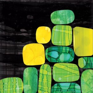 Stones by Jane Monteith shows a group of thirteen yellow, blue and green rocks with various textures