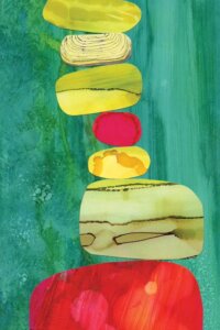 Tipsy by Jane Monteith shows a tall stack of red, yellow, and green rocks with various textures