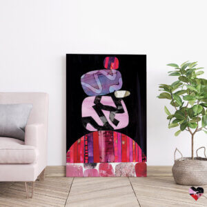 Tokyo by Jane Monteith shows a stack of five rocks with bold textures in pink, purple, light blue, and black