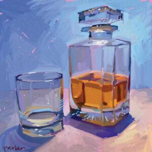 Highball and Glasses by Teddi Parker shows a half-filled decanter and scotch glasses against a blue background