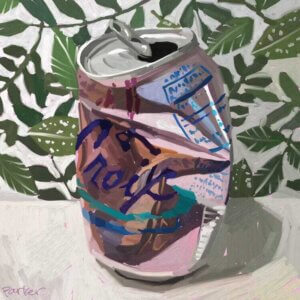 La Kroy by Teddi Parker shows a crushed pink can of La Croix sitting in a room with botanical wallpaper