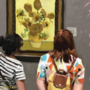 Mr Popular by Teddi Parker shows two women at a museum looking at a piece by Van Gogh