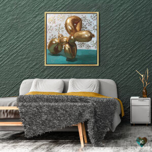 Snow Pup by Teddi Parker shows a gold balloon dog on a teal table against a snowflake patterned wall