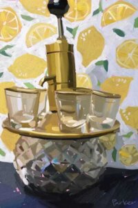Vintage Shots by Teddi Parker shows three shots glasses in a room with lemon patterned wallpaper