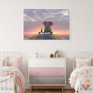 Elephant and dog watch the sunrise by iCanvas artist Mike Kiev