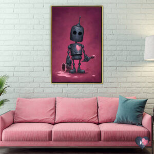 Robot art above a pink sofa by iCanvas artist Matt Dixon