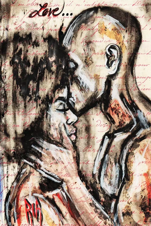 woman and man kissing below the word love