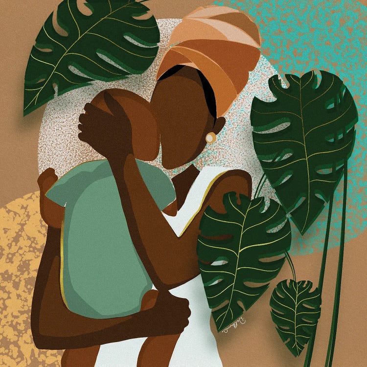 faceless mother holding her child against botanical background