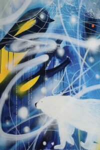 "Climate change" by Harry Salmi shows a polar bear against an abstract background of blue and yellow.