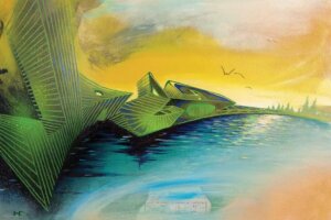 "Dawn" by Harry Salmi shows a body of water with green abstract elements and birds against a yellow sky.