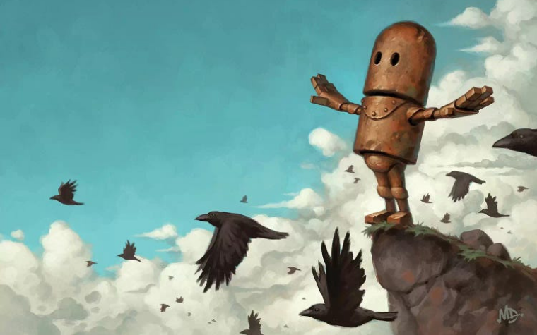 Robot on a ledge in the sky by iCanvas artist Matt Dixon