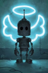 Robot with neon wings and halo by iCanvas artist Matt Dixon