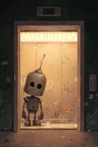 Robot in an elevator with graffiti by iCanvas artist Matt Dixon
