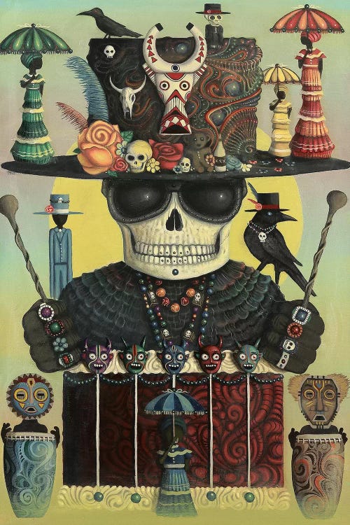 skeleton surrounded by tribal elements