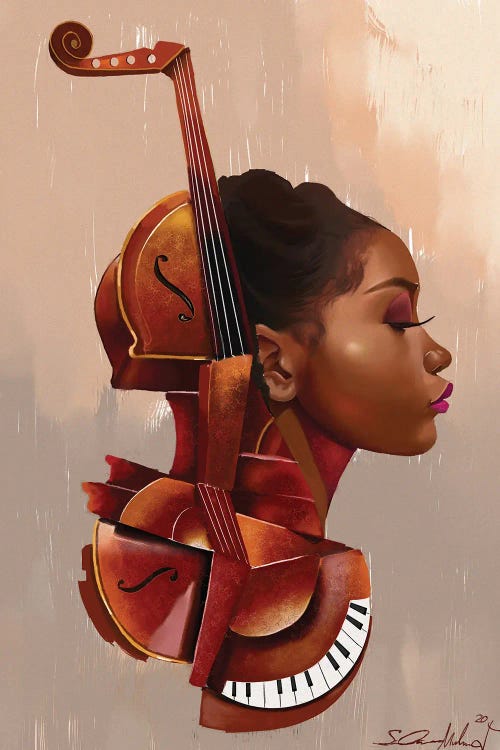 black woman's face within a violin