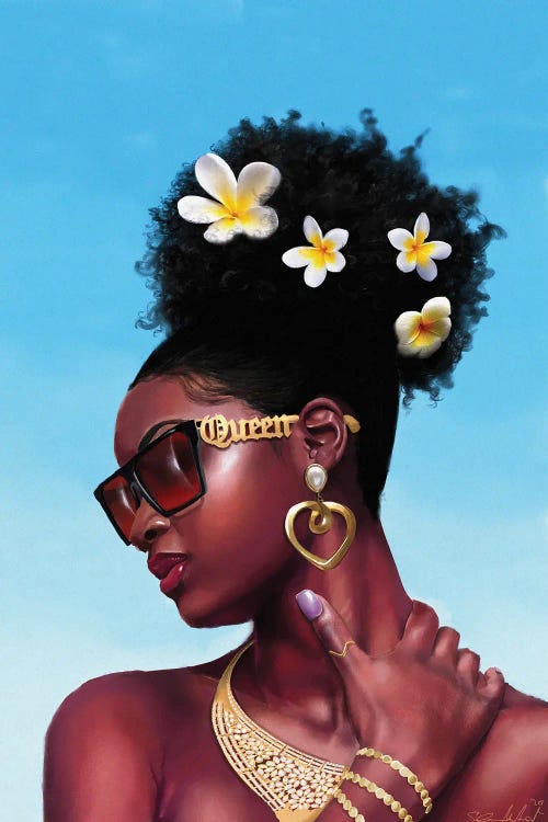 black woman with flowers in her hair and gold jewelry